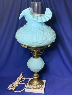 Fenton art glass blue satin glass Poppy pattern student table lamp