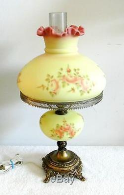 Fenton art glass hand painted burmese table lamp roses