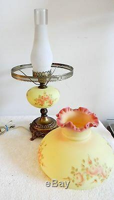 Fenton art glass hand painted burmese table lamp roses