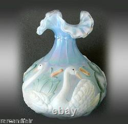 Fenton art glass vase hand painted swan decorations artist signed