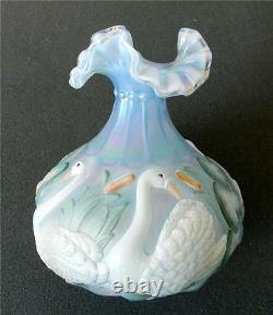 Fenton art glass vase hand painted swan decorations artist signed