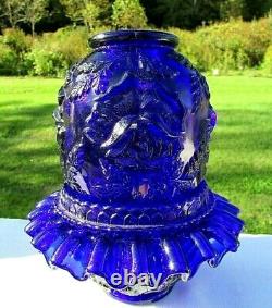 Fenton for LG Wright Cobalt Blue Embossed Rose 3/pc. Fairy Lamp MINTGorgeous