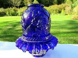 Fenton for LG Wright Cobalt Blue Embossed Rose 3/pc. Fairy Lamp MINTGorgeous