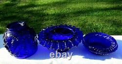 Fenton for LG Wright Cobalt Blue Embossed Rose 3/pc. Fairy Lamp MINTGorgeous