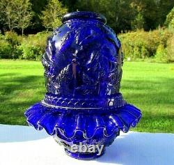 Fenton for LG Wright Cobalt Blue Embossed Rose 3/pc. Fairy Lamp MINTGorgeous