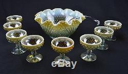 Fenton hobnail rare aqua opalescent glass punch set with 8 glasses ladle Mint