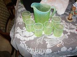 Fenton line green Hobnail Pitcher and 6 glasses vaseline Opalescent 8.50 tall