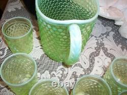Fenton line green Hobnail Pitcher and 6 glasses vaseline Opalescent 8.50 tall
