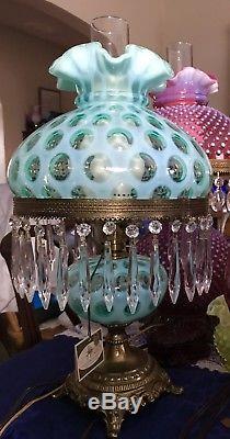 Fenton opalescent Persian Blue Coin Dot Lamp with Prisms Limited Production