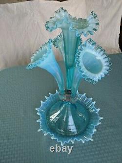Fenton, torquoisey blue, Opalescent Glass Epergne Horn Centerpiece