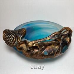Filip Ravert Hand Blown Art Glass with Copper Overlay Stunning Vintage Dish Bowl