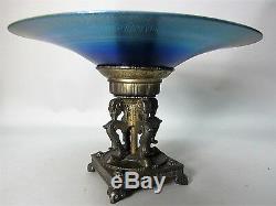 Fine OSCAR BACH Bronze & BLUE AURENE Art Deco Glass Centerpiece Bowl c. 1925