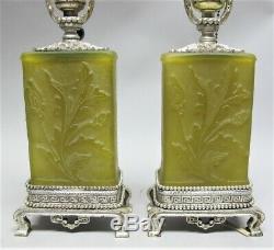 Fine Pair of STEUBEN YELLOW JADE Acid-Cut-Back Lamps c. 1920s antique art glass