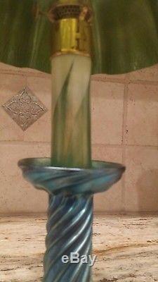 Fine Tiffany Studios Favrile Glass Oil Lamp Gorgeous Blues greens