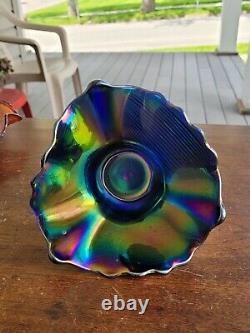 Flashy Electric Radium Northwood Blue Carnival Glass Drapery Candy Dish