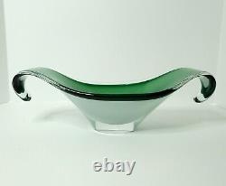 Flygsfors Coquille Art Glass Centerpiece Bowl Green Signed Vintage 12.75 Long