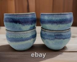 Four Signed Studio Art Pottery deep Blue Drip Glaze Swirl Bowls, home decor 5x4