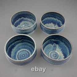 Four Signed Studio Art Pottery deep Blue Drip Glaze Swirl Bowls, home decor 5x4
