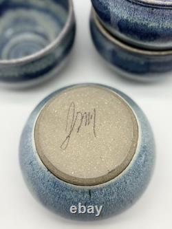 Four Signed Studio Art Pottery deep Blue Drip Glaze Swirl Bowls, home decor 5x4