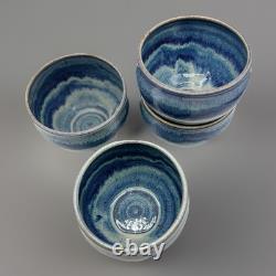 Four Signed Studio Art Pottery deep Blue Drip Glaze Swirl Bowls, home decor 5x4