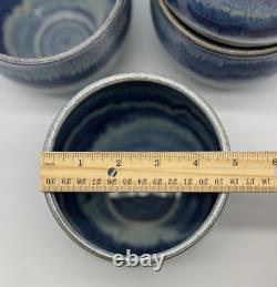 Four Signed Studio Art Pottery deep Blue Drip Glaze Swirl Bowls, home decor 5x4