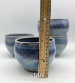 Four Signed Studio Art Pottery deep Blue Drip Glaze Swirl Bowls, home decor 5x4