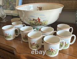 Fox Hunt Hunting Ambassador Ware Demitasse Punch BowL & Cups Peach Rim England