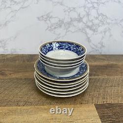 Giovanni Valentino 4 Blue Floral Embossed Lily Pattern Bowls & 6 Dessert Plates