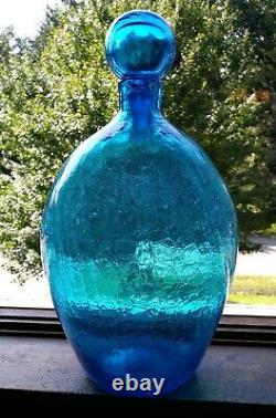 Gorgeous Blenko 626 Turquoise Blue Crackle Glass Decanter Ball Stopper Husted