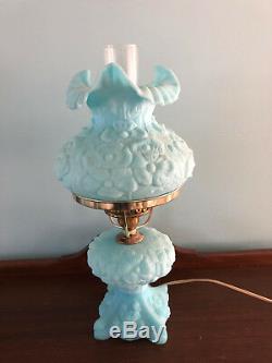 Gorgeous FENTON ART GLASS LAMP Blue Satin with Poppy Poppies FLORAL