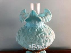 Gorgeous FENTON ART GLASS LAMP Blue Satin with Poppy Poppies FLORAL