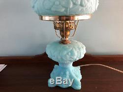 Gorgeous FENTON ART GLASS LAMP Blue Satin with Poppy Poppies FLORAL