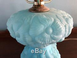 Gorgeous FENTON ART GLASS LAMP Blue Satin with Poppy Poppies FLORAL