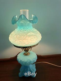 Gorgeous FENTON ART GLASS LAMP Blue Satin with Poppy Poppies FLORAL