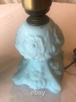 Gorgeous FENTON ART GLASS LAMP Blue Satin with Poppy Poppies FLORAL