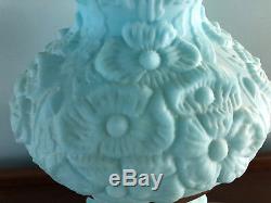 Gorgeous FENTON ART GLASS LAMP Blue Satin with Poppy Poppies FLORAL