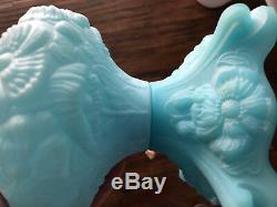 Gorgeous FENTON ART GLASS LAMP Blue Satin with Poppy Poppies FLORAL