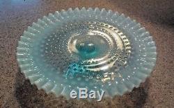 Gorgeous Fenton Blue Opalescent Hobnail 12 1/2 Footed Round Cake Stand # 3913