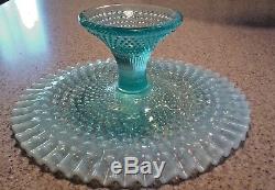 Gorgeous Fenton Blue Opalescent Hobnail 12 1/2 Footed Round Cake Stand # 3913