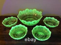 HTF EAPG Northwood Vaseline Opalescent Jewel & Flower Berry Bowl Set Uranium