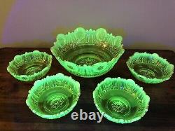 HTF EAPG Northwood Vaseline Opalescent Jewel & Flower Berry Bowl Set Uranium