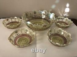 HTF EAPG Northwood Vaseline Opalescent Jewel & Flower Berry Bowl Set Uranium