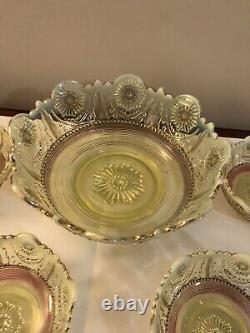 HTF EAPG Northwood Vaseline Opalescent Jewel & Flower Berry Bowl Set Uranium