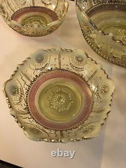 HTF EAPG Northwood Vaseline Opalescent Jewel & Flower Berry Bowl Set Uranium