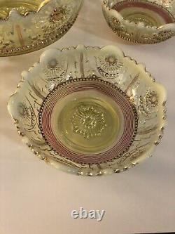 HTF EAPG Northwood Vaseline Opalescent Jewel & Flower Berry Bowl Set Uranium