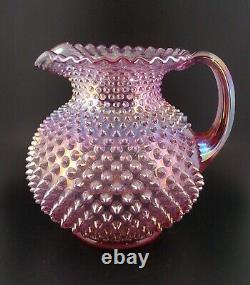 HTF Fenton Iridescent Carnival Pink Glass Hobnail Round Ball Crimped Jug Pitcher