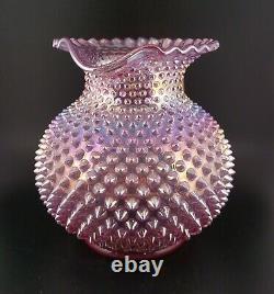 HTF Fenton Iridescent Carnival Pink Glass Hobnail Round Ball Crimped Jug Pitcher