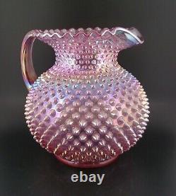 HTF Fenton Iridescent Carnival Pink Glass Hobnail Round Ball Crimped Jug Pitcher