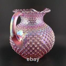 HTF Fenton Iridescent Carnival Pink Glass Hobnail Round Ball Crimped Jug Pitcher