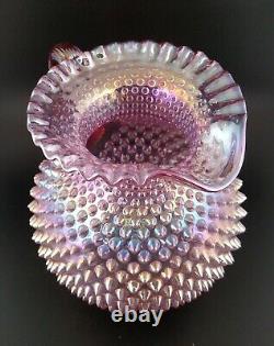 HTF Fenton Iridescent Carnival Pink Glass Hobnail Round Ball Crimped Jug Pitcher